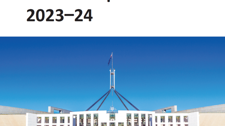 Annual Report 2023-24 cover image featuring Parliament House during the daytime