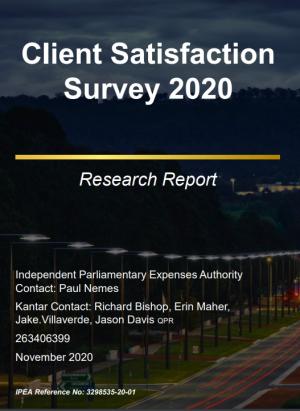 White Text on a dark city street background. Text: Client Satisfaction Survey 2020 Research Report.