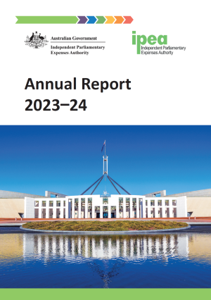 Annual Report 2023-24 cover image featuring Parliament House during the daytime